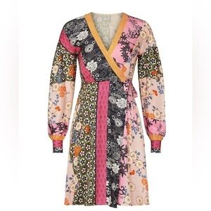 PINKO Draghetta Twill Pink Patchwork Faux Wrap Long Sleeve Mini Dress